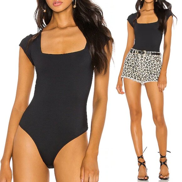 Free People Intimately Square Eyes Bodysuit Black XS Cap Sleeves Square Neck $58 - Picture 5 of 15